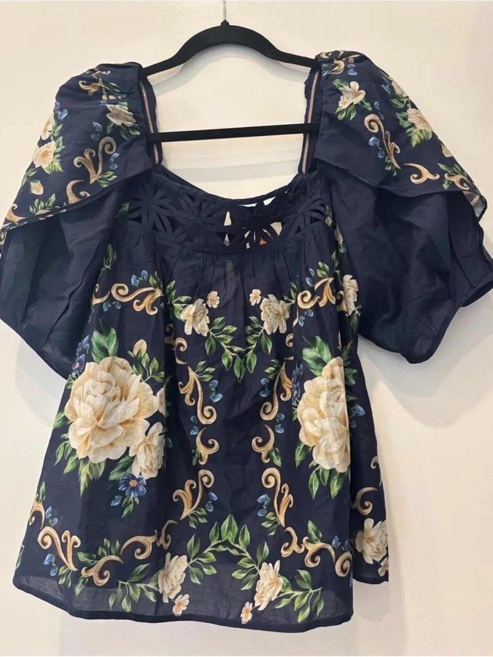 FARM Rio Navy Floral Square-Neck Puff Sleeve Blouse